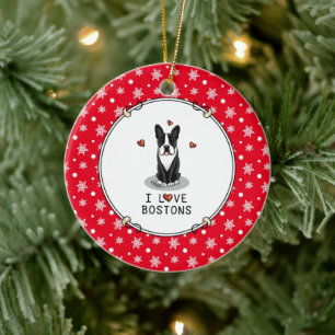 I Love Bostons Boston Terriers (black & white) Ceramic Tree Decoration