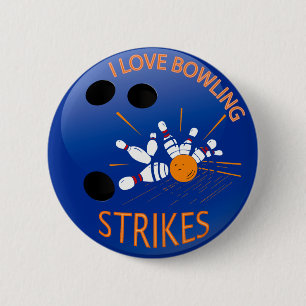I LOVE BOWLING STRIKES 6 CM ROUND BADGE