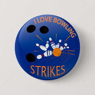 I LOVE BOWLING STRIKES 6 CM ROUND BADGE