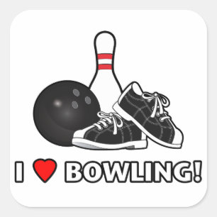 I Love Bowling with Ball, Shoes and Pin Square Sticker