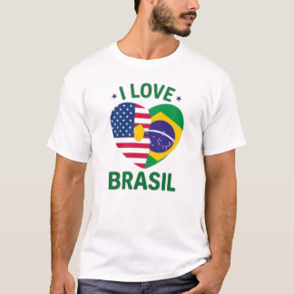 I Love Brasil USA Flag Heart  T-Shirt