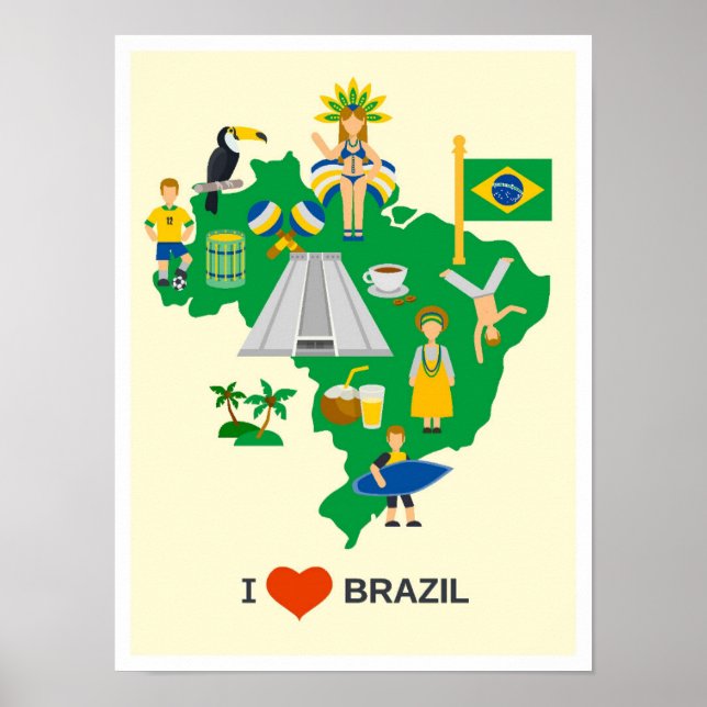 I Love Brazil Art Vintage Travel Illustration Poster (Front)