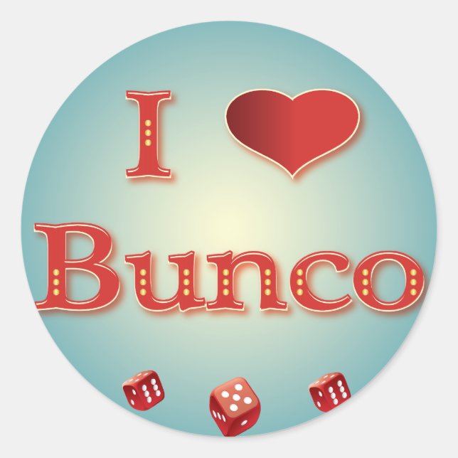 I Love Bunco in Red with red dice Classic Round Sticker (Front)