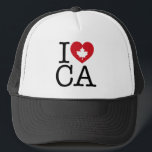 I Love CA | I Love Canada Custom Trucker Hat<br><div class="desc">Let everyone know how much you love Canada with this "I Love CA" hat featuring retro typography and maple leaf heart accent. The perfect way to show your pride and love for Canada. Other countries,  states,  provinces and cities are available.</div>