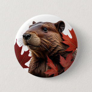 I Love Canada - Canadian Beaver with Leaf 6 Cm Round Badge