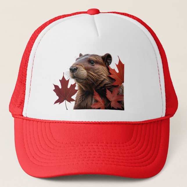 I Love Canada - Canadian Beaver with Leaf Trucker Hat (Front)