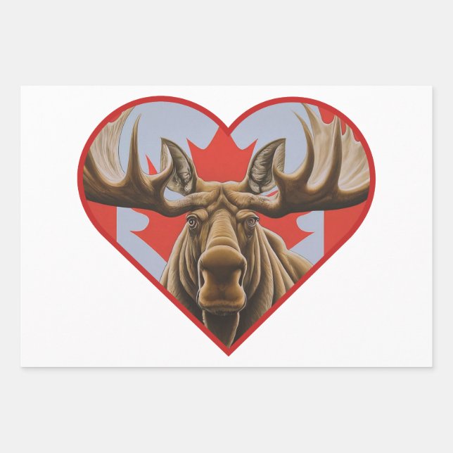 I Love Canada -Proud Canadian Moose and Maple Leaf Wrapping Paper Sheet (Front)