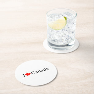 I Love Canada typography with red maple leaf party Round Paper Coaster