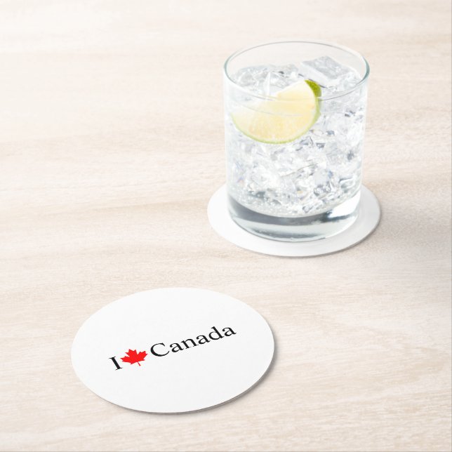 I Love Canada typography with red maple leaf party Round Paper Coaster (Insitu)
