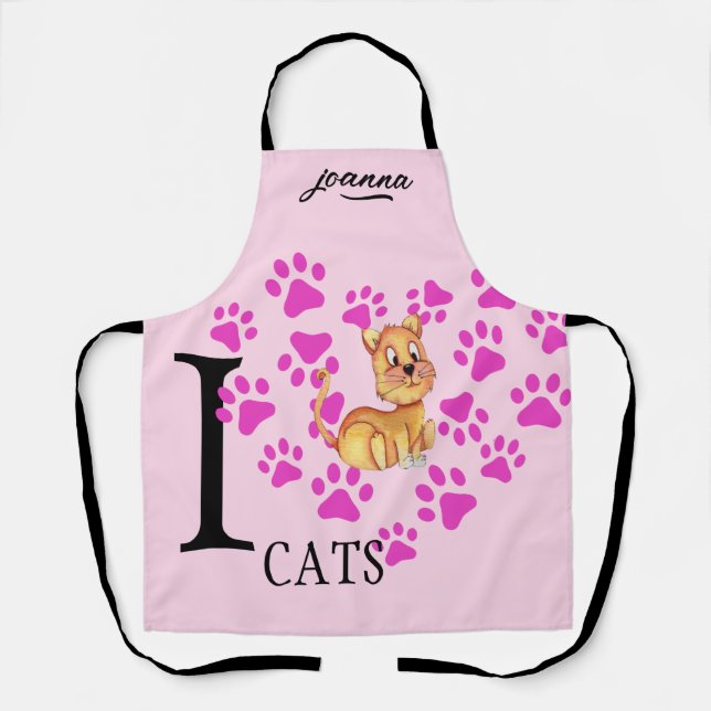 I Love Cats Apron - Pink Heart Paws Design (Front)