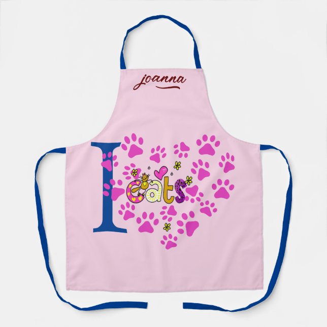I Love Cats Apron - Pink Heart & Paws Print (Front)