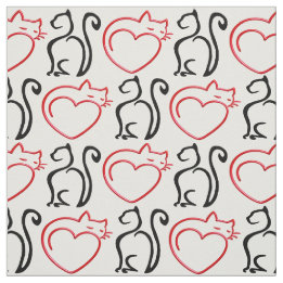 I Love Cats! (Black and Red Outlines on White) Fabric