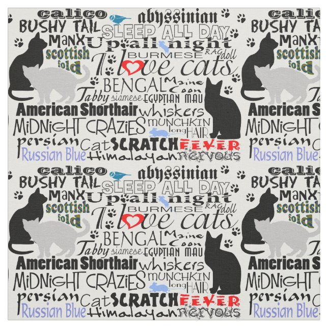 I Love Cats Black & White Newsprint Typography Fabric (Swatch)