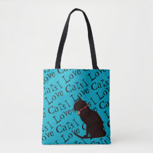 I Love Cats Blue Graphic Tote Bag