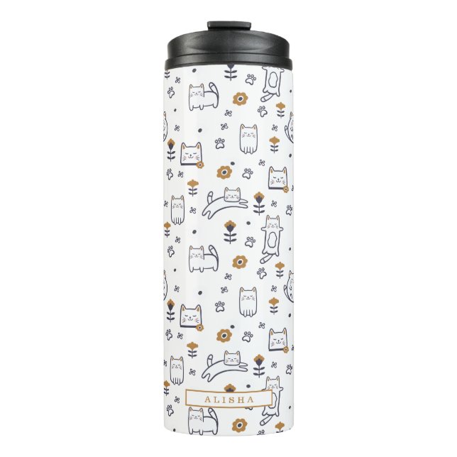 I love Cats Cute Little Kitty Cat & Floral Pattern Thermal Tumbler (Front)