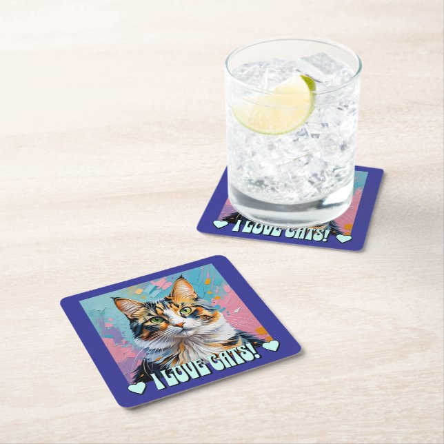 I Love Cats! Square Paper Coaster (Insitu)