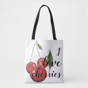 I Love Cherries Watercolor Hand-painted Monogram Tote Bag