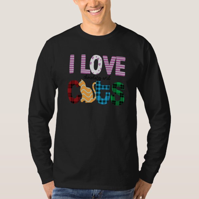 I Love Chocolates And Cats Graphic Patchwork Cat T-Shirt (Front)