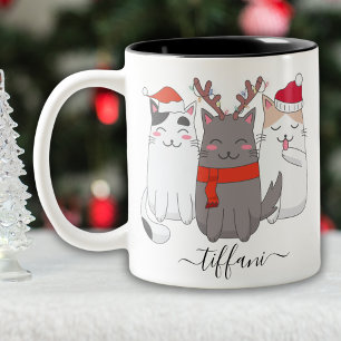 I Love Christmas Cats Personalise with Name Two-Tone Coffee Mug