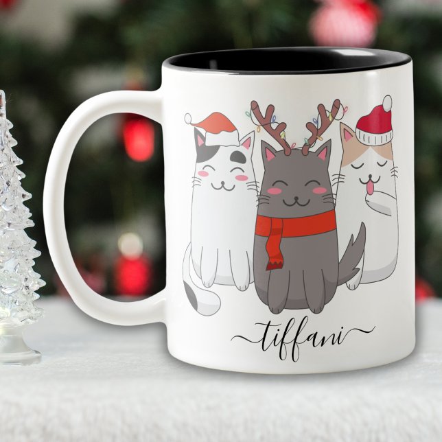 I Love Christmas Cats Personalise with Name Two-Tone Coffee Mug (Creator Uploaded)
