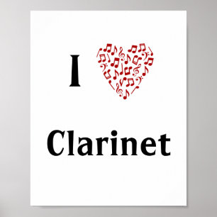 I Love Clarinet Red Heart of Music Notes Poster