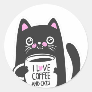 I love coffee and cats - Choose background colour Classic Round Sticker