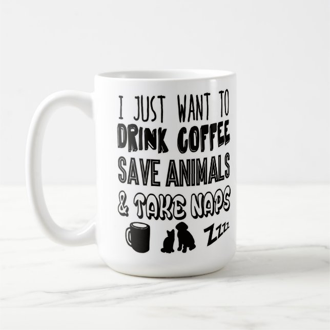 I Love Coffee Animals and Naps Typography Mug (Left)