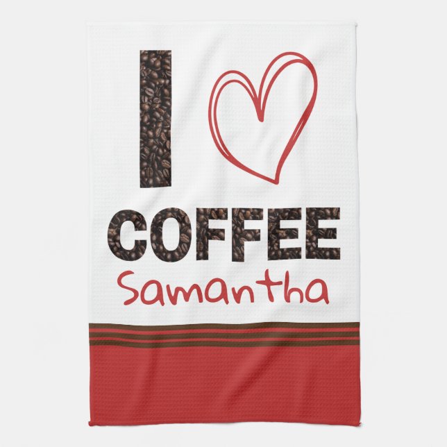 I Love Coffee Cafe Heart Name Brown Red Modern Tea Towel (Vertical)