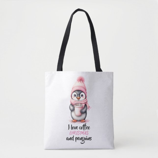 I Love Coffee Christmas and Penguins in Pink Tote Bag (Front)
