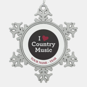 I Love Country Music Snowflake Pewter Christmas Ornament