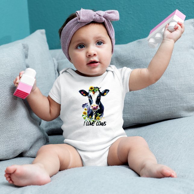 I Love Cows Holstein Cow in Sunflowers Baby Bodysuit (cute baby girl wearing I love cows Holstein dairy cow and sunflowers onesie bodysuit)