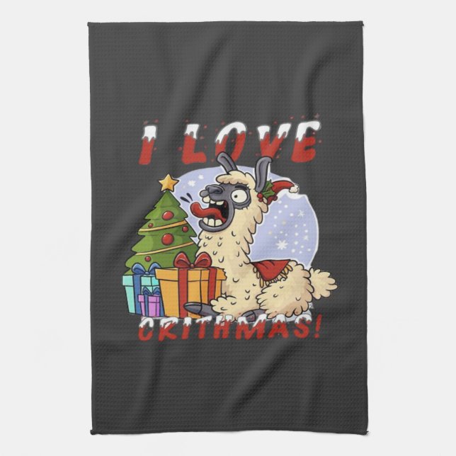 I LOVE CRITHMAS Llama  Tea Towel (Vertical)