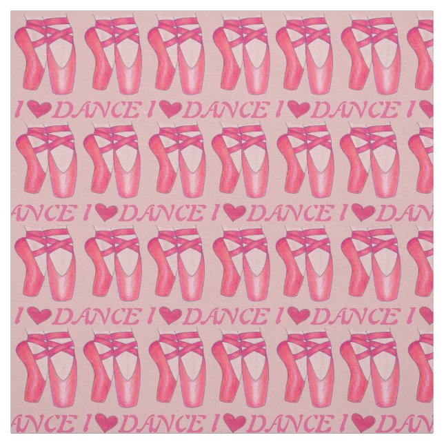 I Love Dance Pink Ballerina Ballet Toe Pointe Shoe Fabric (Swatch)