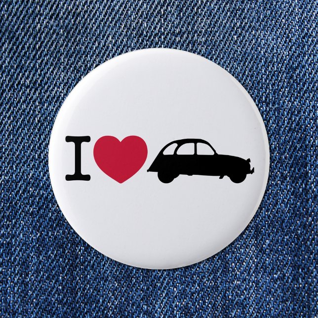 I love Deux Chevaux Old Timer Car 6 Cm Round Badge (I love 2CV Button in White with a Black Typography and Illustration)