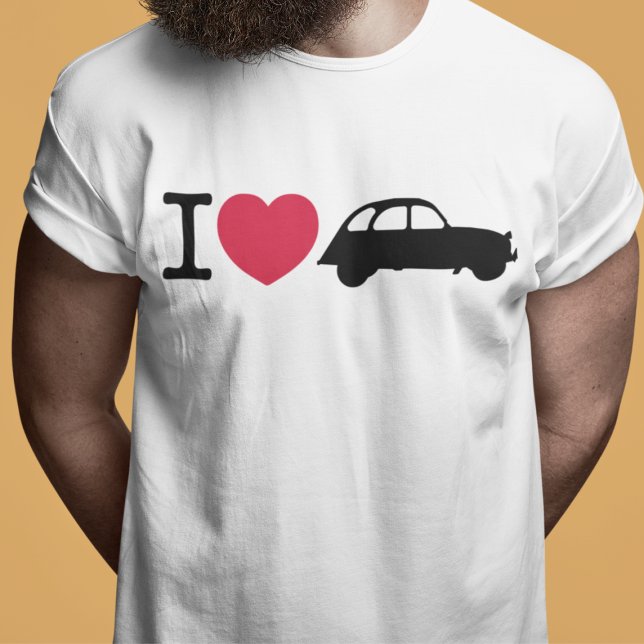 I love Deux Chevaux Old Timer Car T-Shirt (I love 2CV T-Shirt in White with a Black Typography and Illustration)