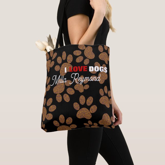 I Love Dogs Personalised Black Tote Bag (Close Up)