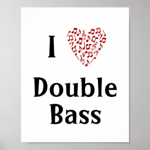 I Love Double Bass Red Heart of Music Notes Poster