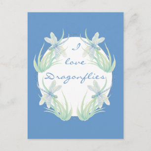 I love Dragonflies in Blue and Green Watercolor Postcard