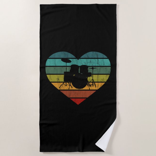 I Love Drums Retro Heart Beach Towel (Front)