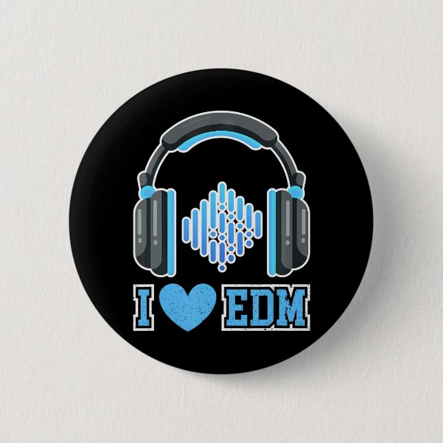 I Love EDM parties and festivals DJ Headphones 6 Cm Round Badge (Front)