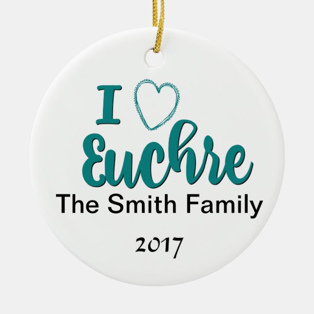 I Love Euchre Personalised Lettered Design Ceramic Tree Decoration (Front)