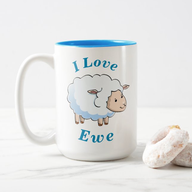 "I Love Ewe" Cute Little Lamb Blue & White Two-Tone Coffee Mug (With Donut)