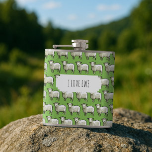 I Love Ewe Funny Flock Of Sheep Pixel Pattern Hip Flask