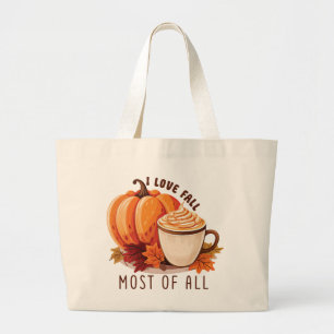 I Love Fall - Pumpkin and Pumpkin Spice Latte Large Tote Bag