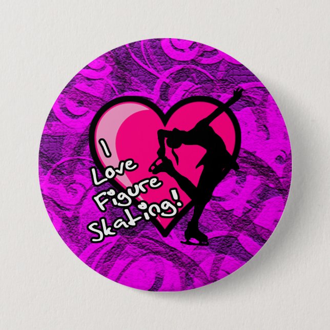 I love figure skating button, purple swirls 7.5 cm round badge (Front)