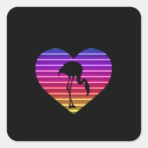 I Love Flamingos 80s Retro Heart Sunset Square Sticker
