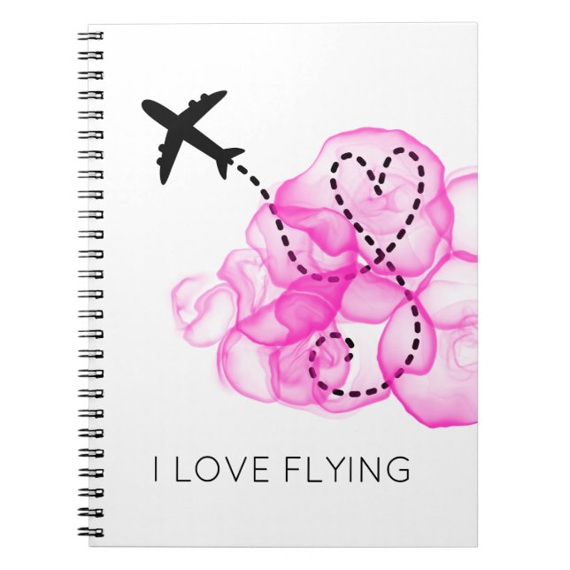 I Love Flying Heart Aeroplane Pink Clouds Fun Notebook (Front)