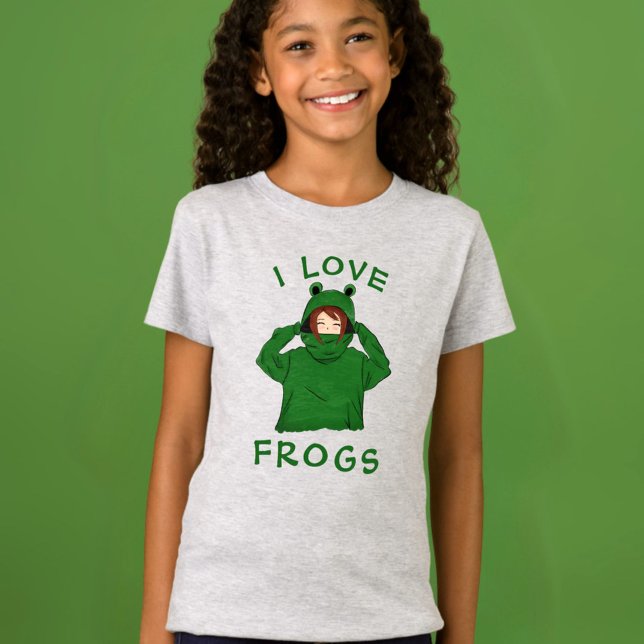 I Love Frogs Cute Girl in Green Frog Hoodie T-Shirt (Creator Uploaded)