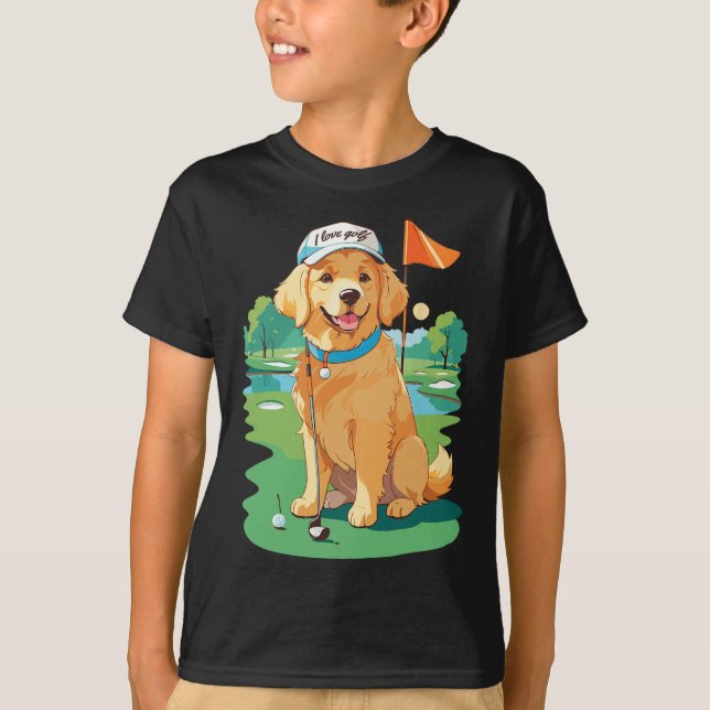 I Love Golf Golf Dog Illustration Golden Retriever T-Shirt (Front)