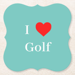 I love Golf Typography & Red Heart Mint Green Paper Coaster